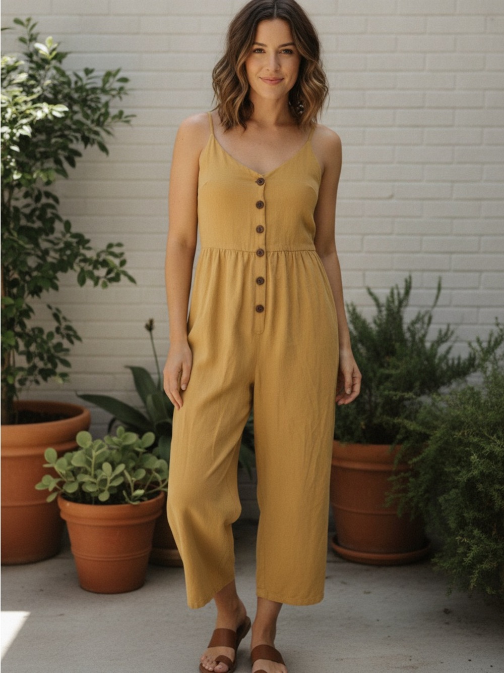 one clothing Mustard Button-Front Wide-Leg Jumpsuit